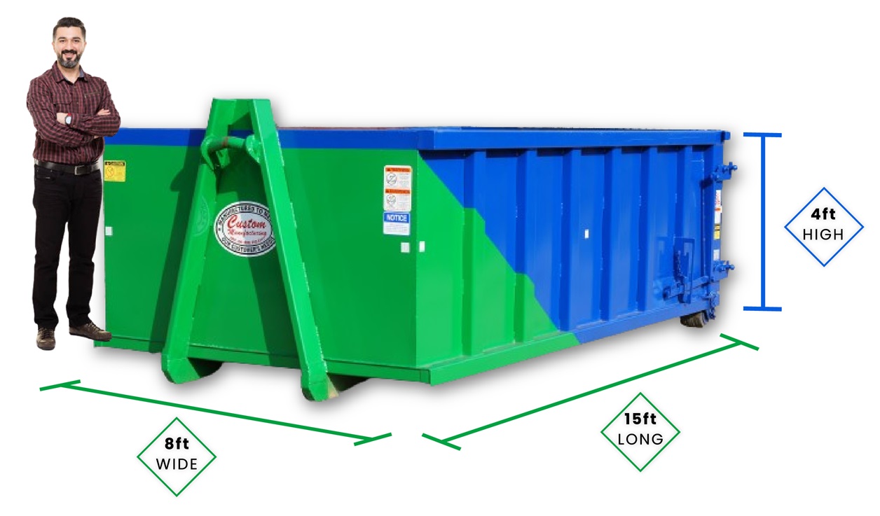 Man standing next to a 15 Yard Roll-Off Dumpster in Dover, DE with a closed lid, illustrating dimensions: 15 feet long, 8 feet wide, and 4 feet high.
