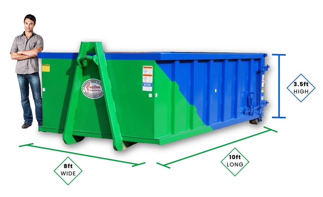 Man standing next to a 10-yard dumpster in Durant, Oklahoma, illustrating dimensions: 10 feet long, 8 feet wide, and 3.5 feet high.