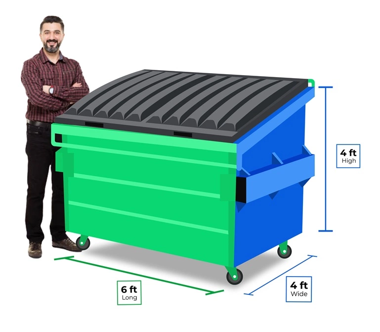 Man standing next to a 4-yard dumpster in Hutchinson, Kansas with a closed lid, illustrating dimensions: 6 feet long, 4 feet wide, and 4 feet high.