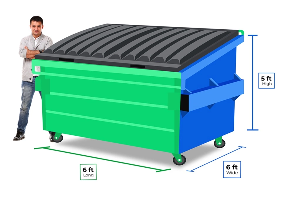 Man standing next to a 6 Yard dumpster in Jackson, Wyoming illustrating dimensions: 6 feet long, 6 feet wide, and 5 feet high.