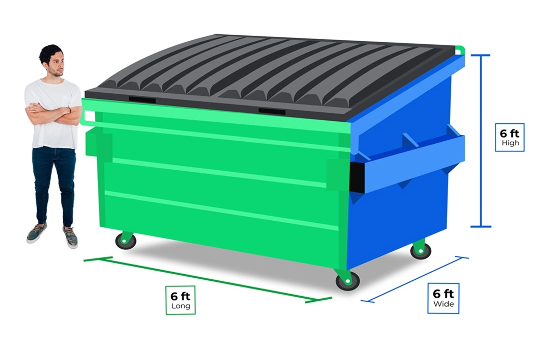 Man standing next to a 8 Yard dumpster in Jackson, Wyoming illustrating dimensions: 6 feet long, 6 feet wide, and 6 feet high.
